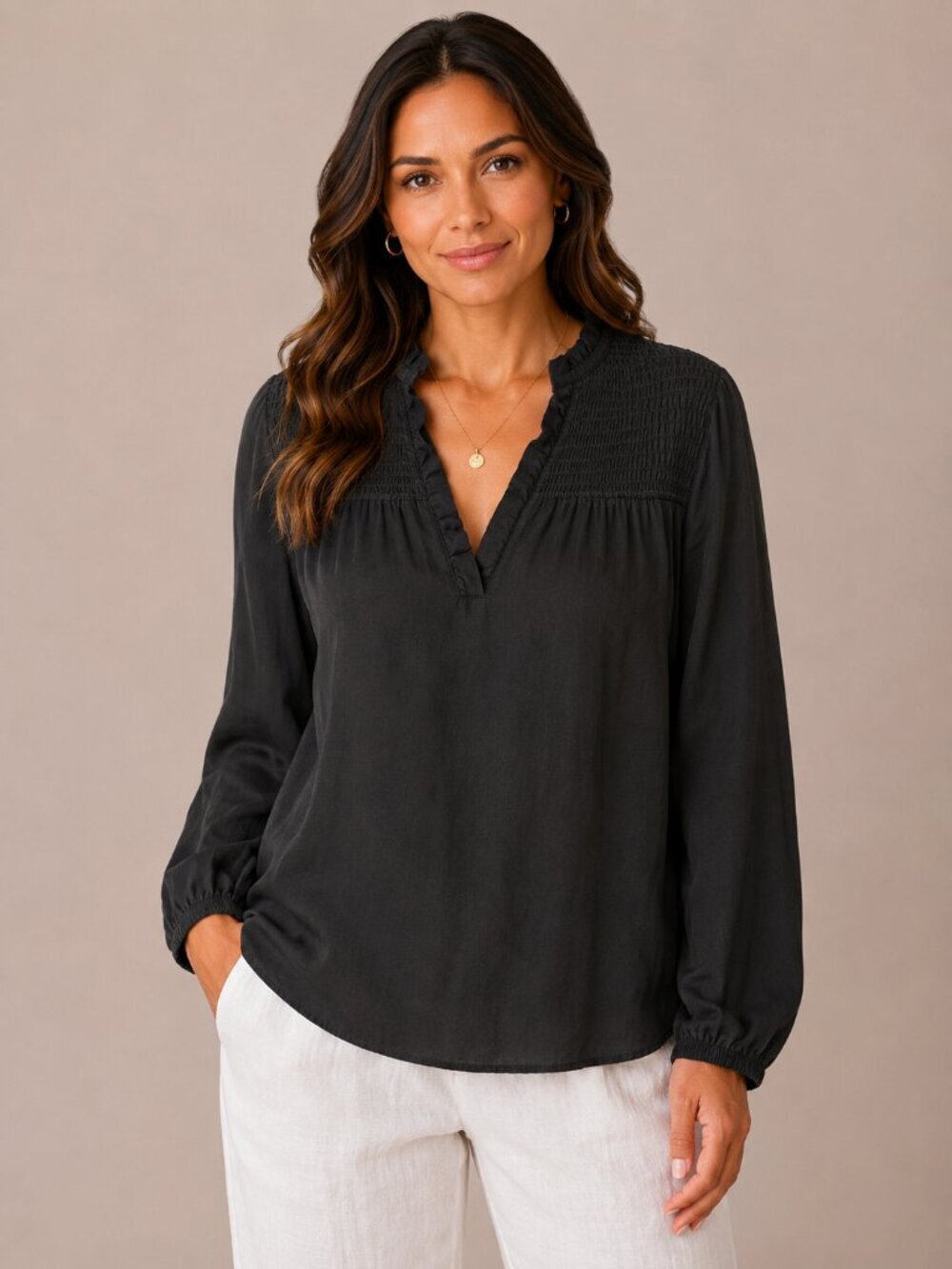 Aqua 100% Tencel Black Boho Blouse Minimalist Quiet Luxury Top